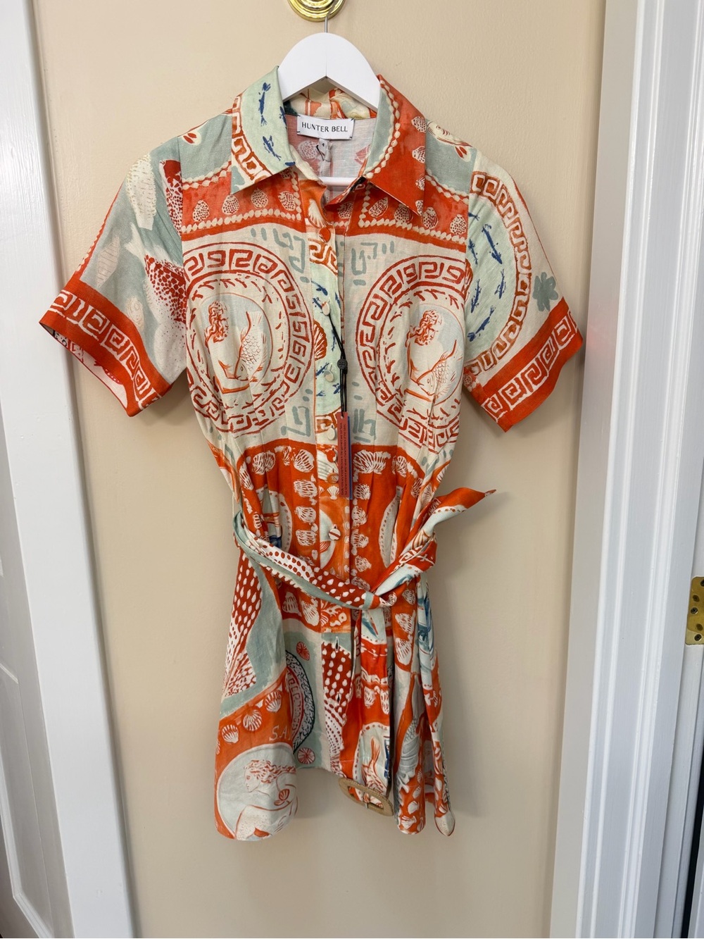 HUNTER BELL Orange & Mint Button-Front Short Sleeve Shirt Dress